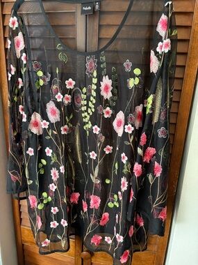 Rafaella Black Sheer Tunic with Pink & Green Floral Embroidery